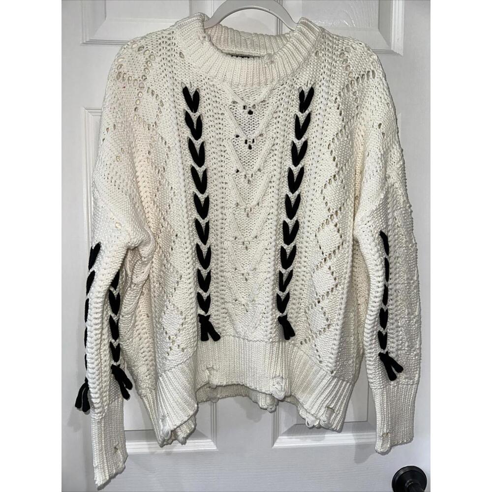 Kate C. Women's S/M Long Sleeve Open Knit Sweater Ivory with Black Distressed